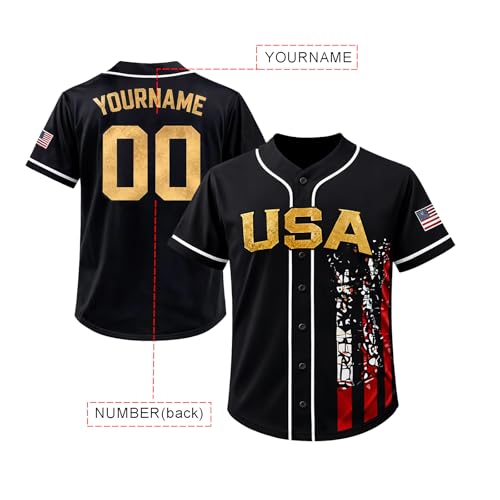 Camiseta de béisbol patriótica USA negra y dorada con nombre y número personalizados, camiseta deportiva con bandera americana y botones miniatura 4