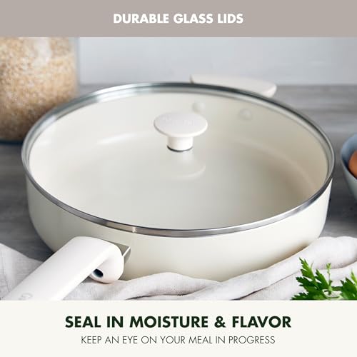 Image of GreenPan Rio Advanced 5QT Saute Pan With Tempered Glass Lid, 5QT Ceramic Nonstick pan with Helper Handle, PFAS-Free, Induction Ready, Dishwasher and Oven Safe, Cream White
