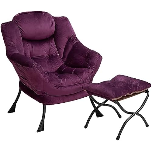 HollyHOME Lazy Chair with Foldable Ottoman, Accent Comfy Lounge Armchair and Folding Footrest Stool, Leisure Sofa Reading Chair and Footstool for Living Room, Bedroom, Dorm,Velvet Purple