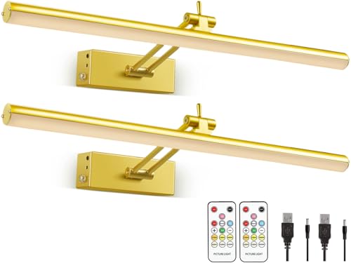 Image of Mocalido 2 Pack Gold Picture Light Battery Operated for Wall 16in, 6 Colors Wireless LED Art Light for Painting with Remote, 5200mAh Dimmable Frame Lights for Gallery Library