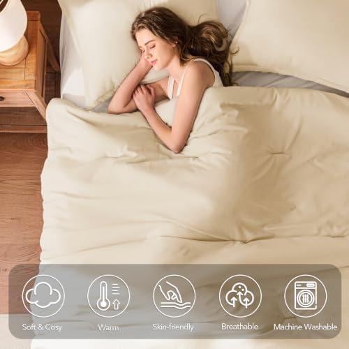 Image of Twin Comforter Set Prewashed Lightweight Quilted Bedding for All Season | 2PCS Cream Breathable Down Alternative Bedding Set with 1 Solid Comforter (68 inchx90 inch) and 1 Soft Pillowcases (20 inchx26 inch)