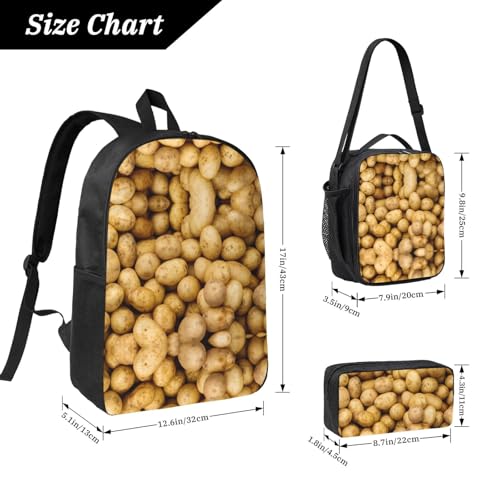Garden Potatoes print Shoulder Bookbags Lunch Bag and Pen Case 17 inches Backpack with Lunch Box, Cute Bookbag Set4