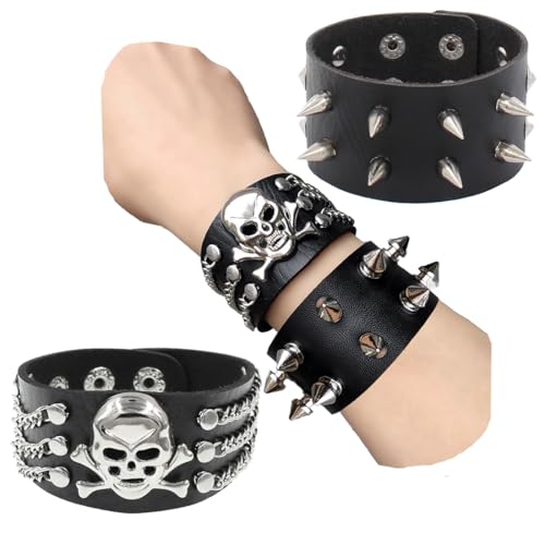 JYNVO 2er-Set Halloween-Lederarmbänder, im Gothic-Stil mit Nieten, im Halloween-Totenkopf-Stil, im Retro-Stil, verstellbare Armbänder, geeignet für Halloween, Cosplay und andere Anlässe