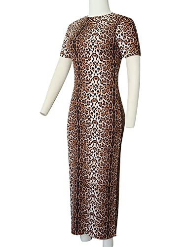 Image of Women's Long Bodycon Dresses Leopard Print Casual Maxi Club Party Tight Dress Short Sleeve