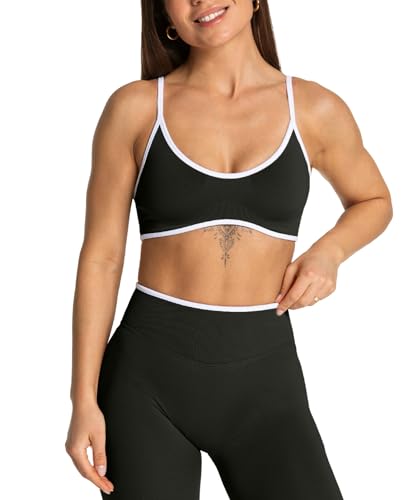 HAODIAN Women's Color Block Seamless Sports Bra Adjustable Thin Straps Workout Top Removable Pads Gym Yoga Crop Tops Black,S