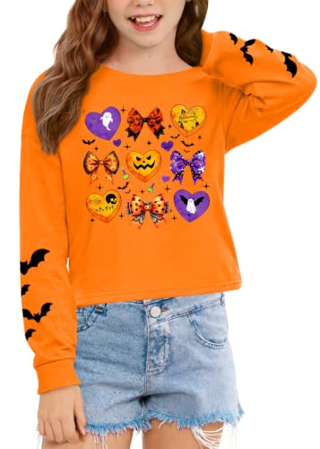 Image of BesserBay Girls Halloween Crop Tops Orange Print Spooky Shirt 6-14 Years
