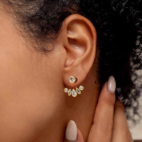 Gold & Silver Front and Back Jacket Stud Earrings Women's Trendy Cubic Zirconia Studs Dainty and Cute Multi-Shape Jewelry (Cluster Stud/Gold, 1 Pairs) by Hefanny - Used condition - Image 8