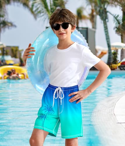 Boys Swim Trunks with Compression Liner Boys Quick Dry 2 in 1 Swim Shorts Summer Beach Shorts Blue Green3