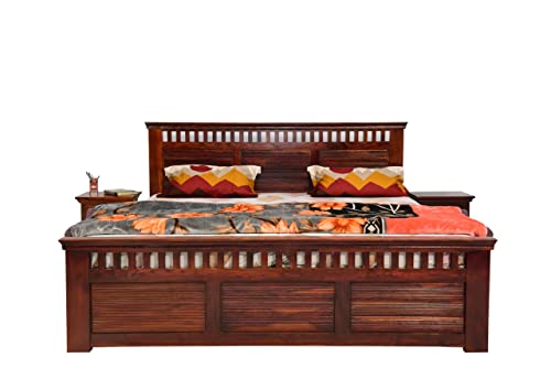 Image of Sheesham Wood Queen Size Bed with 4 Storage Box and 2 Bedside End Table for Home
