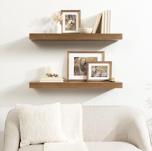 Image of Kate and Laurel Havlock Modern Natural Floating Shelf; 36 x 8; Rustic Wood; Functional Bathroom and Kitchen Shelf for Storage and Display