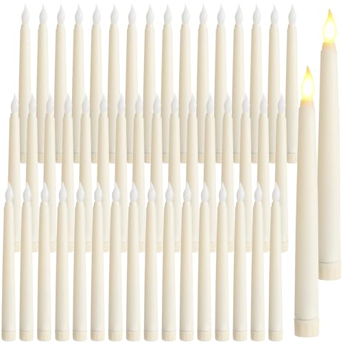 Image of Baquler 50 Pcs 8.5 Inches Flameless Taper Candles Bulk Battery Operated Taper Candles Ivory LED Candlesticks Flickering for Christmas Wedding Home Decor