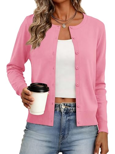 Bellcoco Cardigan Sweaters for Women Lightweight Crew Neck Button Down Long Sleeve Spring Summer Outfits Fashion Sweater 2026 Pink, XL