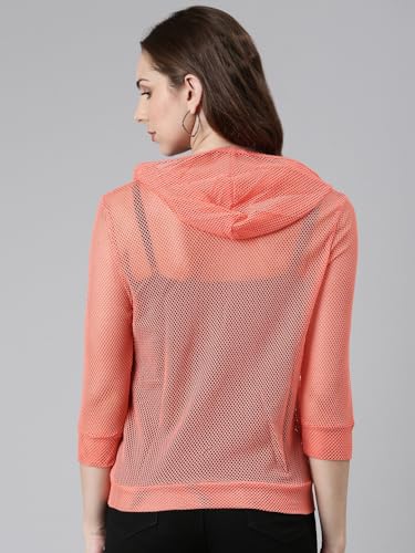 Image of SHOWOFFFF Women Solid Front-Open Jacket | Hooded Full Sleeves Net Jacket's for Womens | Coral Regular Fit Regular Length Jackets for Women's