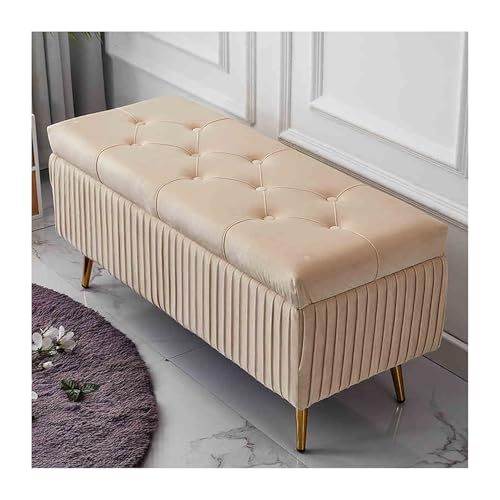 Banco Acolchado con Espacio De Almacenamiento, Banco Tapizado con Patas De Metal Doradas, Caja De Almacenamiento Rectangular, para Entrada, Salón, Dormitorio, Pasillo(Off-White,60x40x45cm)