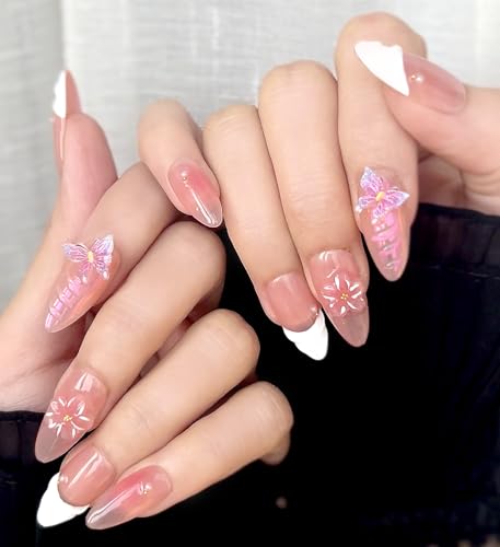 Handmade Press On Nails impress Fake Nails Medium Almond 3D Sea Shell Summer Cute beach nails Butterfly Finger Manicure glue False press ons Nail Artificial (S size)
