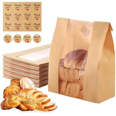 120 Pcs Bread Bags for Homemade Bread 14" x 8.3" x 3.5" Sourdough Bread Bags with Window Paper Bread Storage for Bread Baking, Snack Storage, gifting with Label Sealing Sticker without Tin Tie Cover