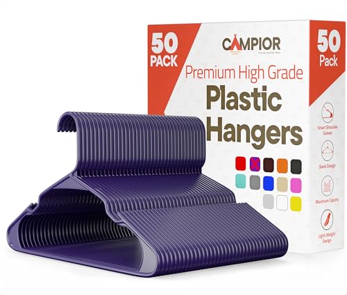 Purple Plastic Hangers 50 Pack– Heavy-Duty Plastic Hangers Slim and Space-Saving, Durable and Lightweight with Non-Slip Shoulder Notches for Slip Dresses, Suits, Jackets & Camisoles