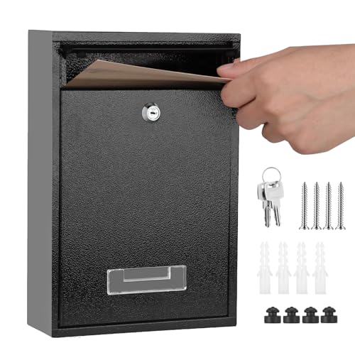 Post Boxes Wall Mounted Waterproof, Large Letter Box Lockable Black Mail Box with 2 Keys Postbox for Outside Wall Easy To Install Keep Your Mail Safe