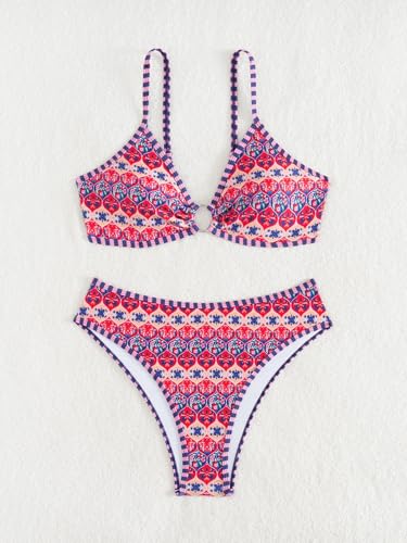 Image of Fanuerg Women's Triangle Bikini Sets O Ring Linked Two Piece Swimsuits Floral Printed Cheeky Bathing Suit