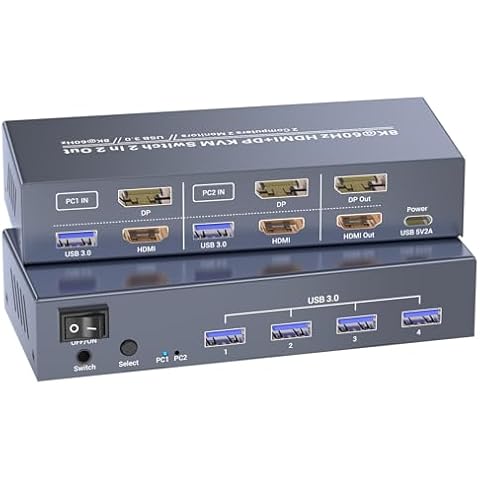 HDMI Displayport KVM Switch 2 Monitors 2 Computers, 8K60Hz 4K120Hz USB 3.0 Dual Monitor HDMI DP KVM Switch, 2 Port KVM Switch for Controlling 2 PC with 1 Set of Keyboard, Mouse and 2 Monitors Cover