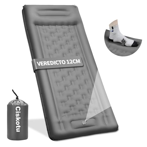 Ciskotu Esterilla Camping Autoinflable, 12CM Colchoneta Camping Ultraligero con Bomba de Pie y Cojín, Esterilla Hinchable para Trekking, Senderismo y Tienda de Campaña