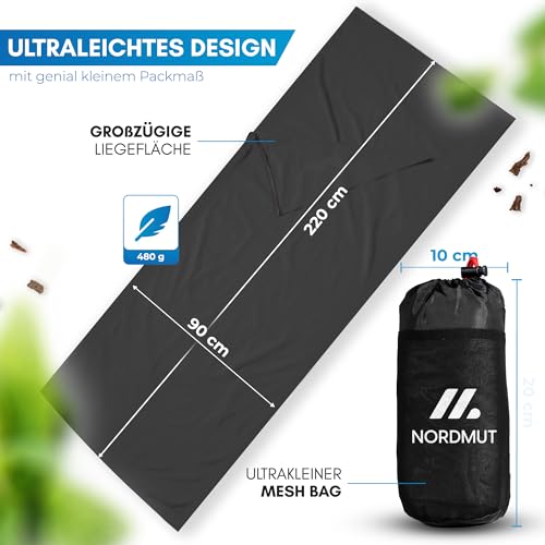 NORDMUT® Hüttenschlafsack Baumwolle Ultraleicht - Sommerschlafsack Kleines Packmaß & Atmungsaktiv - Schlafsack Dünn & besonders weich inkl. Kissenfach [220 x 90 cm]