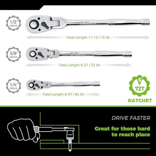 Der Erwachte 3-Piece Flex-Head Ratchet Set, 1/4", 3/8", 1/2" Drive Ratchet, 72-Tooth with Quick-Release Reversible Design, Chrome Alloy Made, Fully Polished,with EVA Foam by Der Erwachte - Image 5