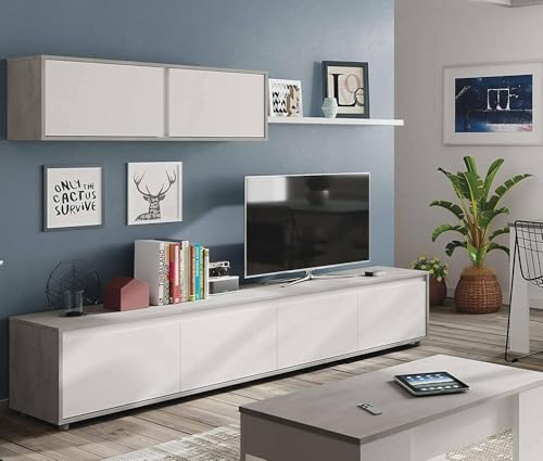 PARETE ATTREZZATA SAVANNAH - Mobile da soggiorno porta TV, Composizione set salotto, Set salotto con pensile, cm 200x41h43, Bianco e Cemento