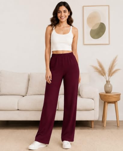 Image of Women's Mid Rise Wide Leg Trousers with Elastic Waist & Pockets