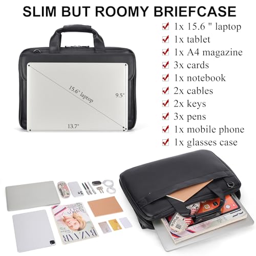 Image of Masa Kawa Leather Briefcase for Men Slim 15.6 inch Laptop Bag Waterproof Crossbody Shoulder Messenger Computer Attache Case for Business Work, Black