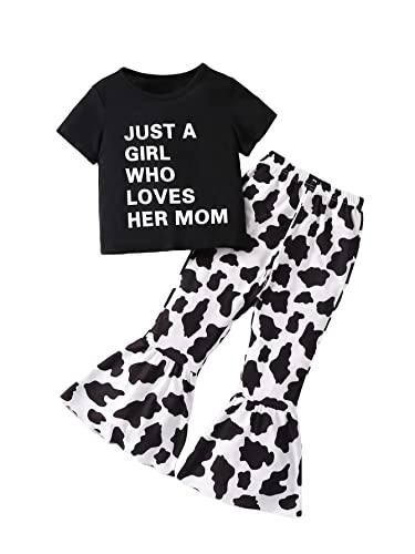 Image of WDIRARA Toddler Girl's 2 Piece Graphic Short Sleeve Tee and Cow Print Flare Pants Set