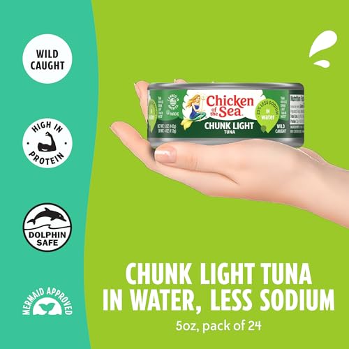 Image of Chicken of the Sea Wild Caught Chunk Light Tuna, 5 Ounce Cans, 24-Count - High Protein 100% Classic Chunk Tuna in Water - Delicious, Easy, Nutritious Ready to Eat Meals, 25% Less Sodium