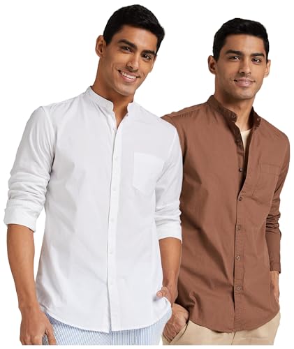 Image of Amazon Brand - Symbol Men's Cotton Shirt | Chinese Collar | Casual | Plain | Full Sleeve | Summer - Regular Fit (Available in Plus Size) (White + Brown XL) (Combo Pack of 2)