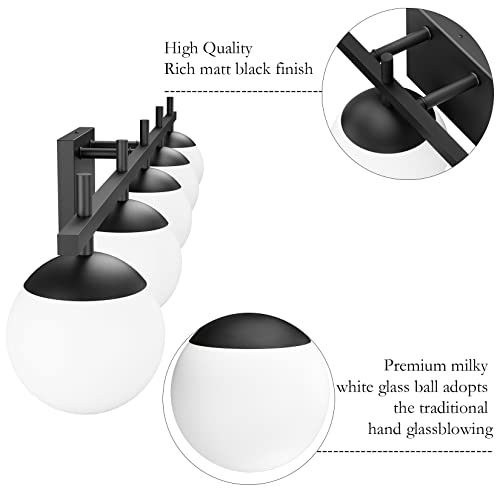 Image of Ralbay Mid Century Modern Vanity Lights Black Milky Glass Mid Century Bathroom Vanity Lights Over Mirror, Wall Light for Bathroom Black 5 Light