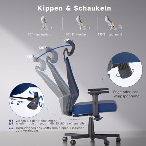 Dripex Bürostuhl, ergonomischer Schreibtischstuhl, Chefsessel mit breites Schaumstoffkissen...