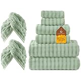 COZYART Lint Free Towel Sets 8 Pcs Sage Green, 500GSM, Super Soft, Absorbent & Quick Dry Microfiber 3D Bubble Bathroom Daily Use Set with 2 Bath Towels, 2 Hair Towels, 2 Hand Towels, 2 Washcloths