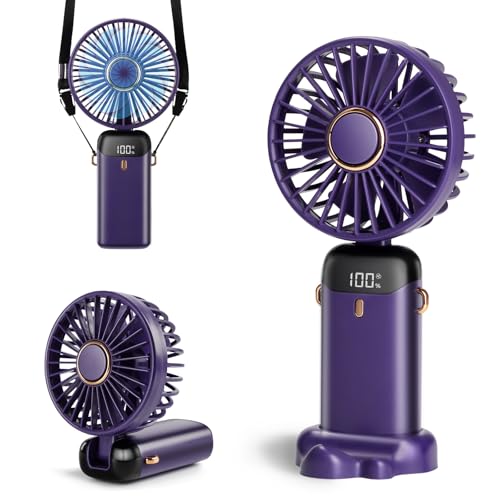 Aucoofany Portable Handheld Fan, 12 hours, Upgrade 3200mAh Portable Fan with LED Display, 90° Foldable, 5 Speed Wind,Hand Held/Neck/Desk 3 in 1 Personal Small Fans, Makeup Fans for Women (Purple)