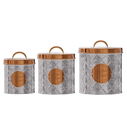 Amici Home Bristol Metal Canister | 3-Pc Set | Food Storage Containers with Lids | Canisters for Kitchen Counter | Galvanized Metal/Copper Lid (52 Oz, 84 Oz, & 104 Oz)
