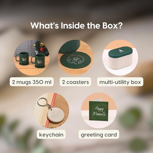 Image of Eha Earth-Friendly Christmas Gifts for Friends and Family | Secret Santa Gifts | Made with Rice Husk | Printed Christmas Mug and Coasters Set of 2, Keychain & Loopac Box | 350 ml | Fern