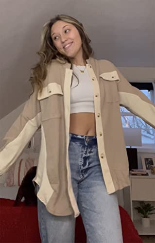 Image of Womens Corduroy Button Down Shirts Color Block Long Sleeve Blouses Tops Jackets