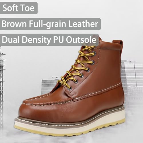 Image of Brown Men's Leather Work Boots - 4 /6 /8 Inch Composite & Soft Toe, Slip Resistant, Oil Resistant, Electrical Hazard, Mark Toe Construction Footwear