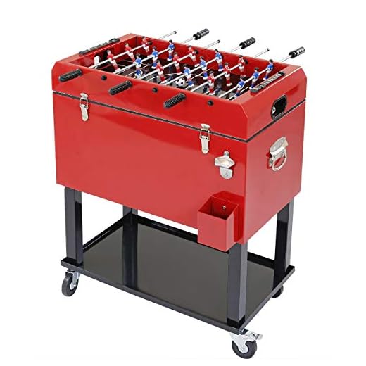 68 Quart Qt Red Patio Cooler Ice Chest with Foosball Table Top, Portable Patio Party Bar Cold Drink Rolling Cart on Wheels with Tray Shelf,17 Gallon/ 65L Outdoor Rolling Beverage Cart