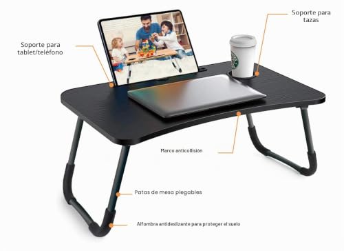 Miniatura 2 de Mesa Plegable Para Ordenador, Bandeja, Portátil, Atril Para Leer En La Cama Mesa Pequeña, De Desayuno, Soporte De Lectura 60x40x28cm, Negro