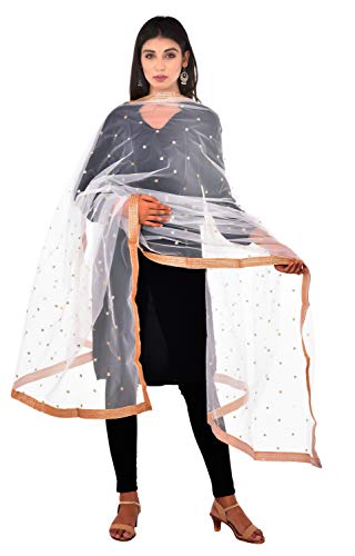Image of YOUTHQUAKE Women's Net Embroidered Full Size Dupatta With 4 Side Golden Lace