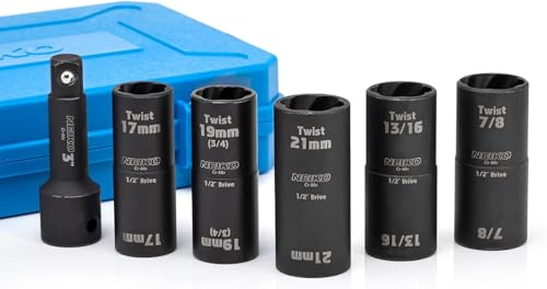 Image of NEIKO 02340A Twist Socket Set, 6 Pc Lug Nut Extractor, SAE & Metric, 1 /2 Inch Dr. Impact Flip, 6 Point, CR-Mo Steel Wheel, 3 inch Impact Extension Bar, Black