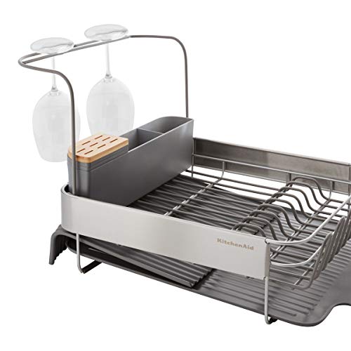 Image of KitchenAid Compact to Full Size Expandable, Rust Resistant Satin Coated Dish Rack with Angled Self Draining Drain Board and Removable Flatware Caddy, 24-Inch, Charcoal