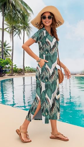 Image of MISFAY Womens Maxi Dress Short Sleeve V Neck Loose with Pockets | Soft stretchy breathable, v neck loose fit, side split hem, two side pockets, casual daily beach vacation travel dress