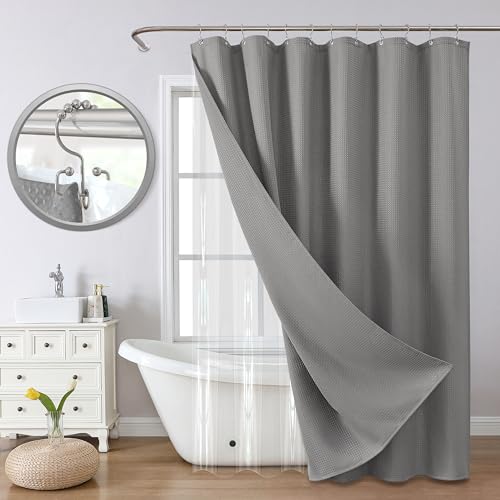 All-in-One Bathroom Shower Curtain Set Enhanced 3D Waffle Weave Fabric Shower Curtain with PEVA Waterproof Liner & 12 Upgraded Anti-Fall Hooks 256GSM Heavy Duty 72" x 72" (Grey)