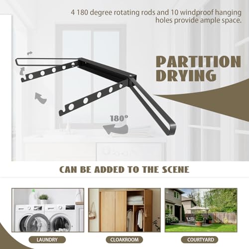 Modixun Wäscheständer Wandmontage, 180° Faltbarer Wäscheständer Kleidung mit 4 Drehstangen, Platzsparende Schwerlast Legierung Kleiderbügel Rack Zusammenklappbar, Grau