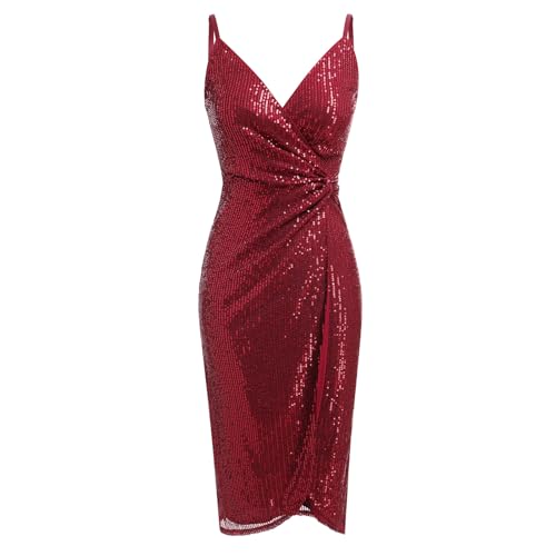 Image of IDOPIP Women V Neck Sequins Ruched Bodycon Dress Formal Evening Party Sparkle Gown Sexy Wrap Cocktail Homecoming Midi Dress